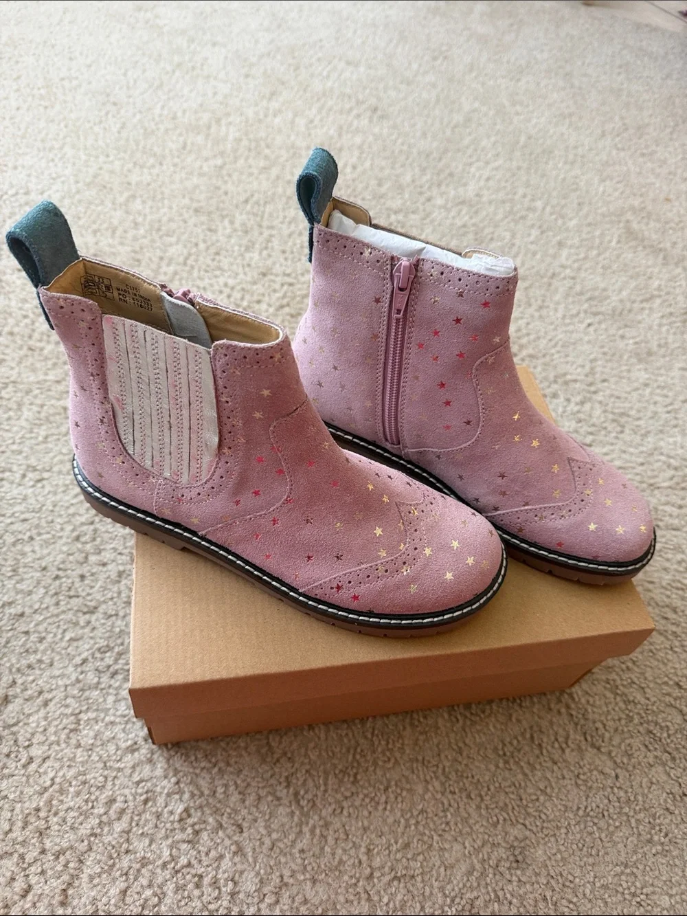 Mini Boden Pink Star Chelsea Boot with Teal Pull Tab
